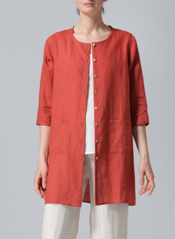 Burnt Orange Linen Three-quarter Sleeve Button Front Top