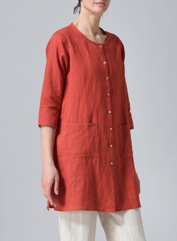 Burnt Orange Linen Three-quarter Sleeve Button Front Top