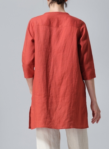 Burnt Orange Linen Three-quarter Sleeve Button Front Top