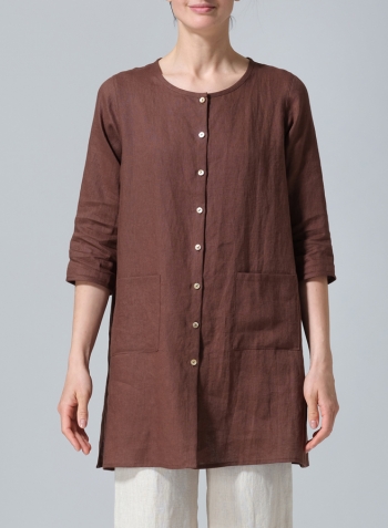 Brown Linen Three-quarter Sleeve Button Front Top