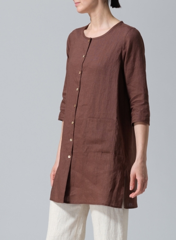 Brown Linen Three-quarter Sleeve Button Front Top