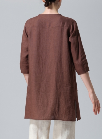 Brown Linen Three-quarter Sleeve Button Front Top
