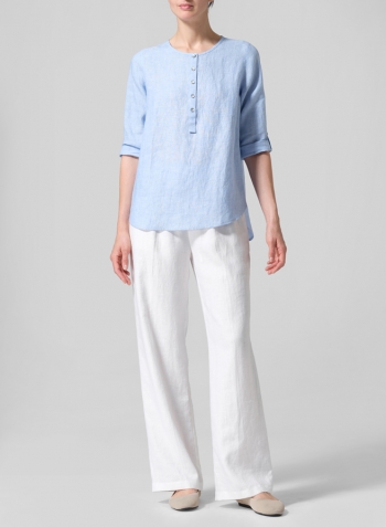 Light Blue Linen Round Neck Half Button Mid-Length Top
