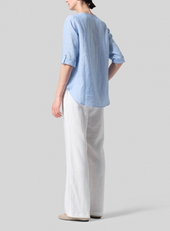 Light Blue Linen Round Neck Half Button Mid-Length Top