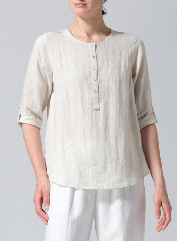 Oat Linen Round Neck Half Button Mid-Length Top