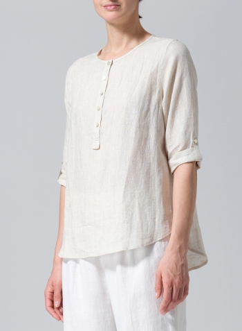 Oat Linen Round Neck Half Button Mid-Length Top