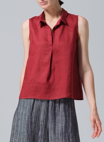 Dull Red Linen Slightly A-shape Shirt Collar Vest