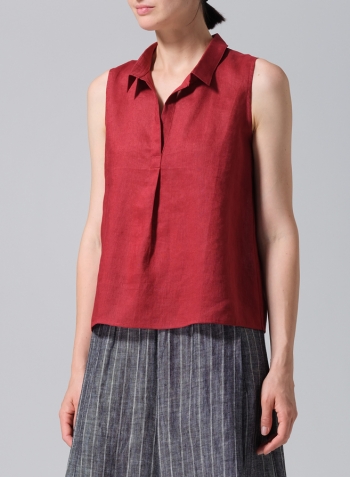 Dull Red Linen Slightly A-shape Shirt Collar Vest