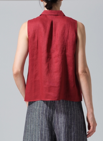 Dull Red Linen Slightly A-shape Shirt Collar Vest