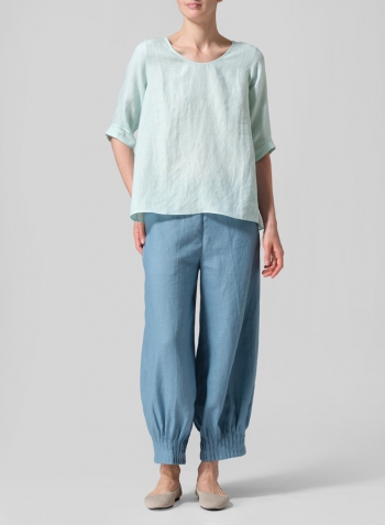 Soft Light Green Linen Relaxed Scoop Neckline A-Shape Blouse
