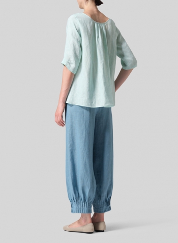 Soft Light Green Linen Relaxed Scoop Neckline A-Shape Blouse