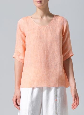 Two Tone Orange Linen Relaxed Scoop Neckline A-Shape Blouse