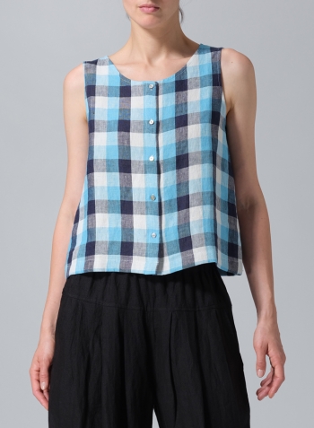 Azure Blue Checker Linen Sleeveless Top Tank