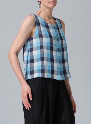 Azure Blue Checker Linen Sleeveless Top Tank