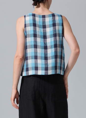 Azure Blue Checker Linen Sleeveless Top Tank