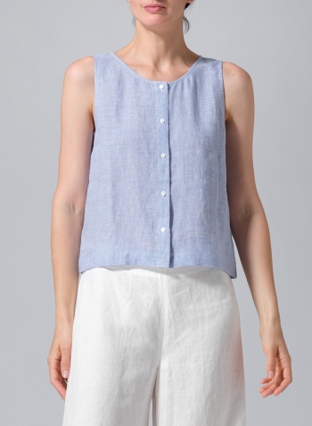 Blue White Linen Sleeveless Top Tank