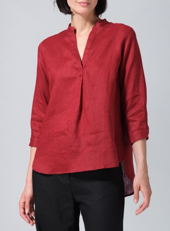 Dull Red Linen Half-Open Collar V-Neck Shirt