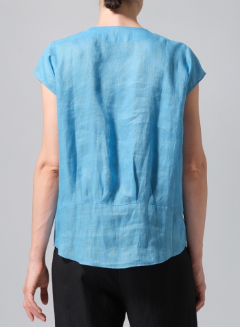Jacquard Blue Linen Boxy Cap Sleeved Crew Neck Top
