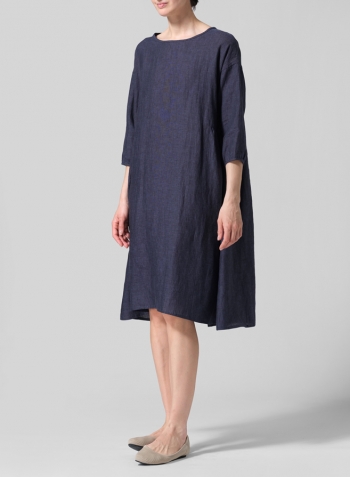 Dark Denim Linen A-Line Round Neck Dress
