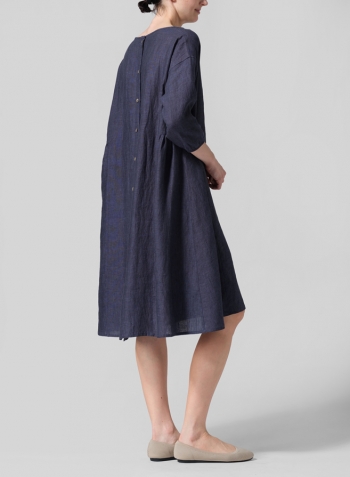 Dark Denim Linen A-Line Round Neck Dress