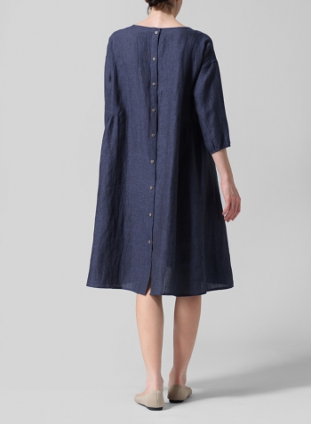 Dark Denim Linen A-Line Round Neck Dress