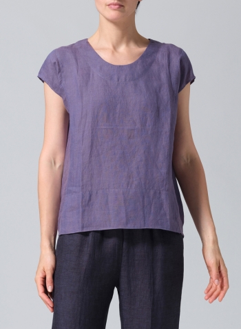 Dark Slate Purple Linen Boxy Cap Sleeved Crew Neck Top