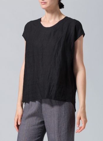 Black Linen Boxy Cap Sleeved Crew Neck Top