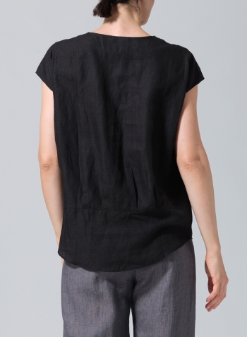 Black Linen Boxy Cap Sleeved Crew Neck Top