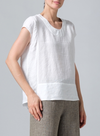 White Linen Boxy Cap Sleeved Crew Neck Top