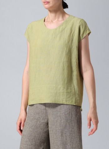 Olive Yellow Linen Boxy Cap Sleeved Crew Neck Top