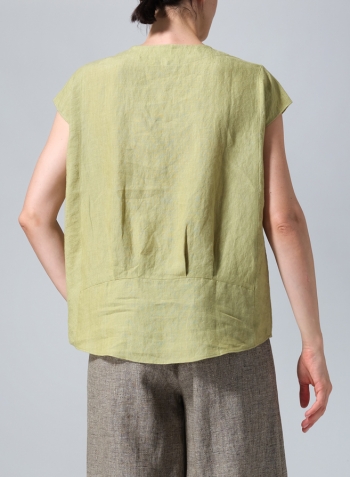 Olive Yellow Linen Boxy Cap Sleeved Crew Neck Top