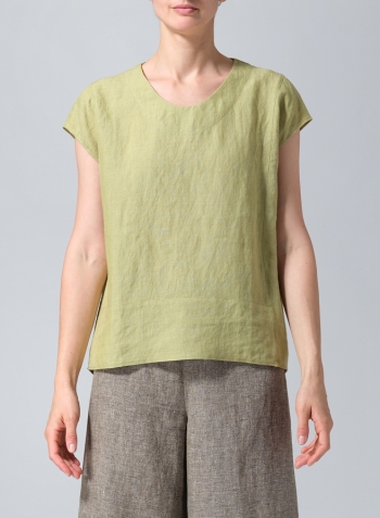 Olive Yellow Linen Boxy Cap Sleeved Crew Neck Top
