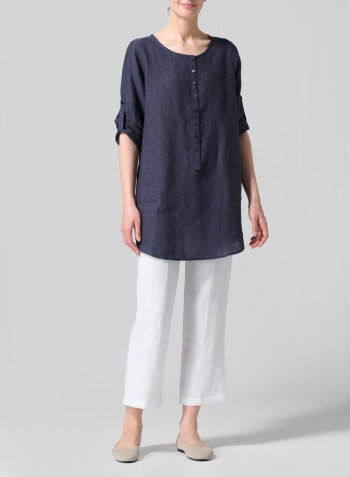 Dark Denim Linen Half Button Long Top