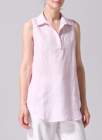 Soft Pink Linen Sleek Sleeveless Lapel Shirt Top