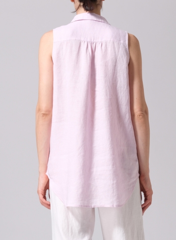 Soft Pink Linen Sleek Sleeveless Lapel Shirt Top