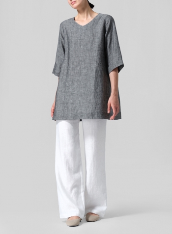 Two Tone Black Linen Casual Loose-Fit V-Neck Midi Top