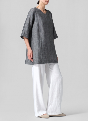 Two Tone Black Linen Casual Loose-Fit V-Neck Midi Top