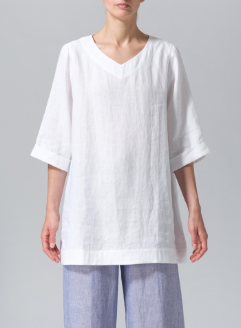 White Linen Casual Loose-Fit V-Neck Midi Top