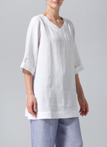 White Linen Casual Loose-Fit V-Neck Midi Top