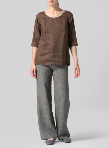 Dark Olive Linen Elbow Sleeve Casual Mid-Length Top