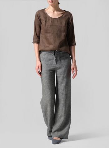 Dark Olive Linen Elbow Sleeve Casual Mid-Length Top