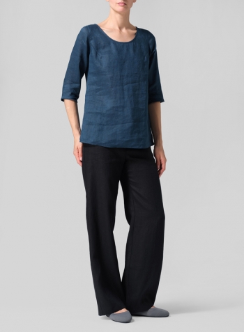 Oriental Blue Linen Elbow Sleeve Casual Mid-Length Top