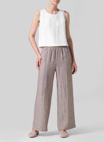 Brown Stripe Linen Easy Fit Straight Leg Long Pants