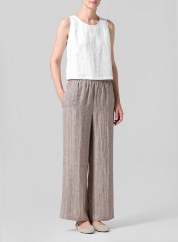 Brown Stripe Linen Easy Fit Straight Leg Long Pants