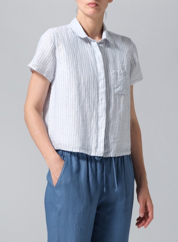 Powder Blue Stripe Linen Short Sleeve Mini-point Collar Shirt