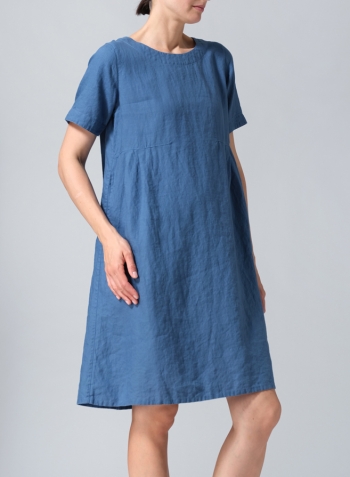 Steel Blue Linen Boat Neck Short Sleeve Dress