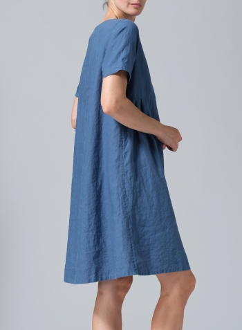 Steel Blue Linen Boat Neck Short Sleeve Dress