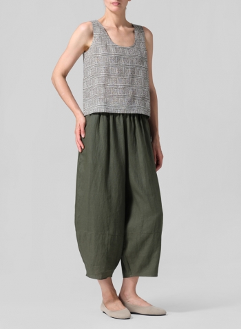 Khaki Brown Print Linen Sleeveless U-neck Vest Top