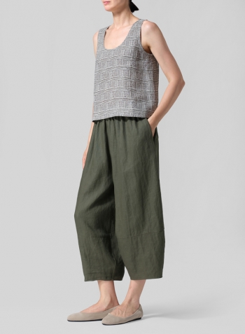 Khaki Brown Print Linen Sleeveless U-neck Vest Top