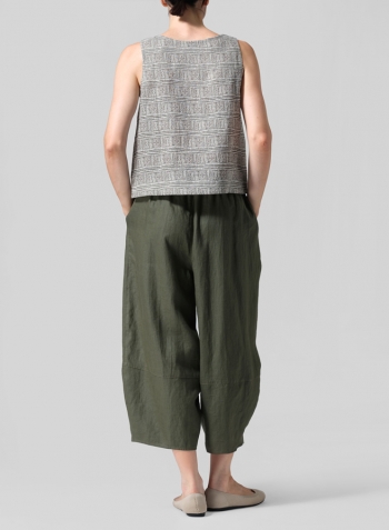 Khaki Brown Print Linen Sleeveless U-neck Vest Top